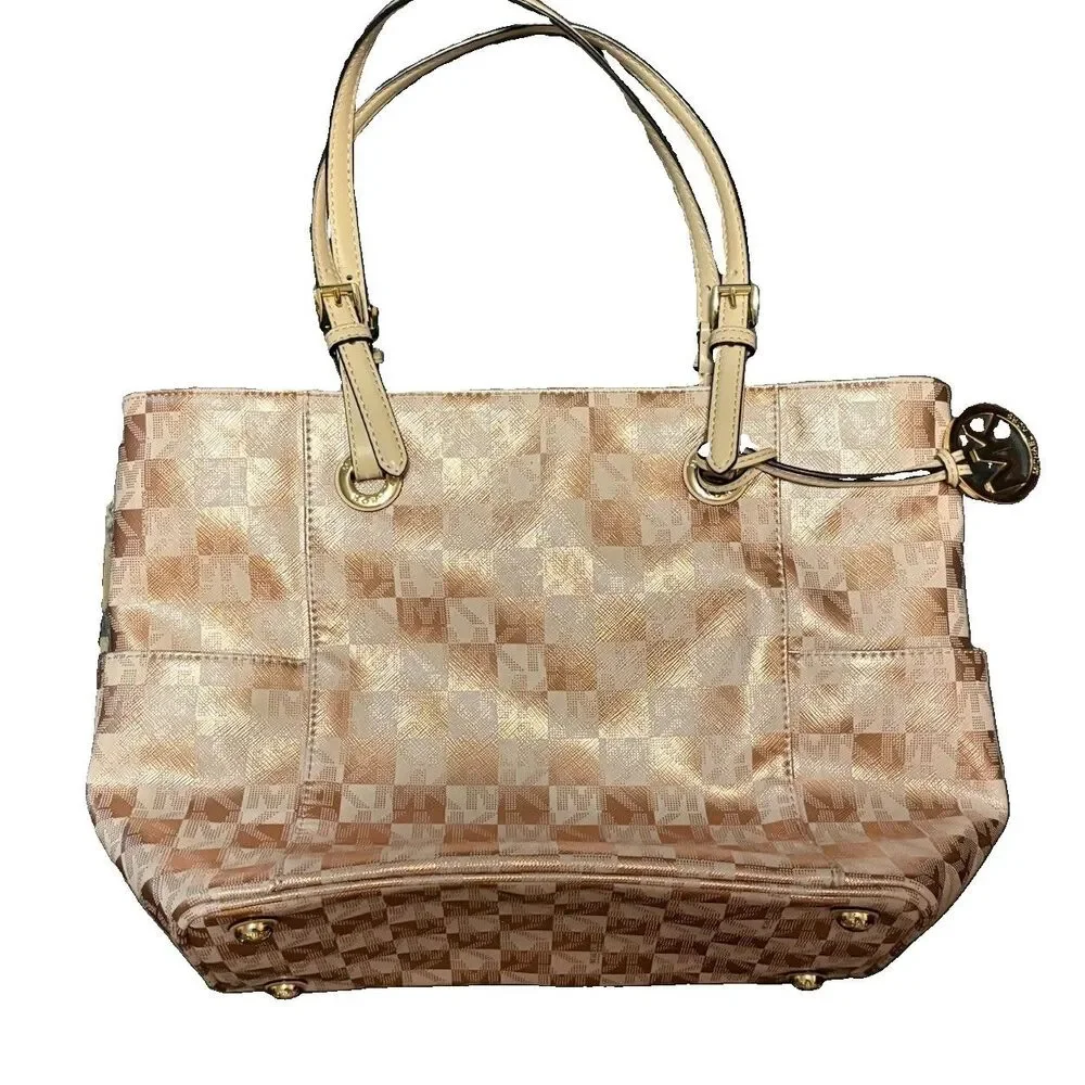 Michael Kors Beige Signature Large Tote Zip Top w/ MK Charm Gold Hardware